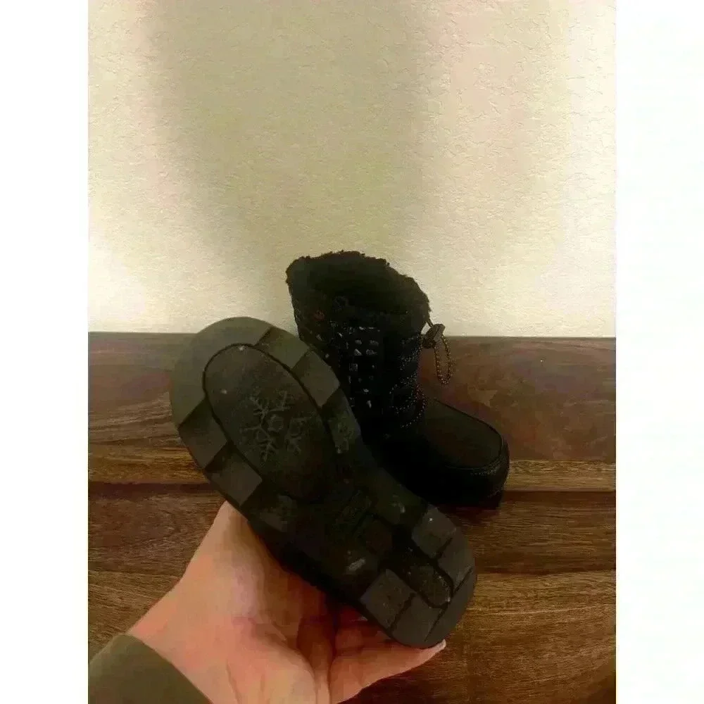 Totes Winter Snow Boots Toddler 8 Black Faux Leather Faux Fur Rainbow Hearts